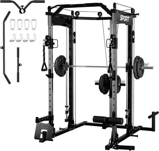 Power Cage, Multi-Functional Power Racks for Home Gym with Cable System, 1600LBS Weight Capacity Fitness Reality Squat Rack for Strength Workout with More Training Attachment,Black