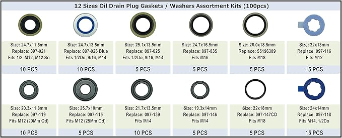 100Pcs 12 Types Metal Rubber Master Oil Drain Plug Gasket Assortment Kit Replace 097-021, 097-025, 097-035, 55196309, 097-116, 097-119, 097-115, 097-139, 097-146