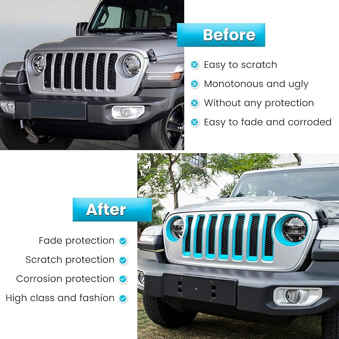 Front Grille Mesh Inserts & Headlight Cover for Jeep Wrangler JL JLU Sport & Sport S Only 2018-2023 Exterior Accessories Clip-in Grille Guard Cover Headlight Bezels Trim Ring (Light Blue 9PCS)