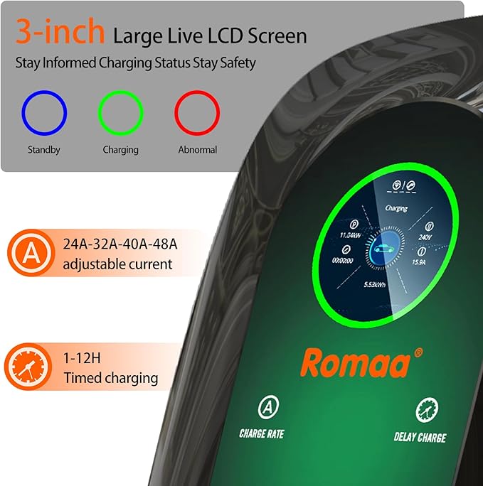 Romaa Level 2 EV Charger J1772 48A Hardwired 240V Home Charging Station - ETL Listed, FCC Part 15 -NEMA Type 4 IP66 - App WiFi Smart Display, 25 ft, Indoor Outdoor, 4.3 inch LCD, Black
