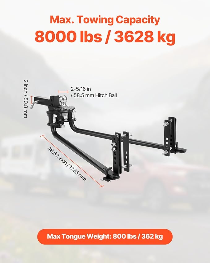 VEVOR Weight Distribution Hitch, 8000 lbs Max Towing & 800 lbs Max Tongue, Weight Distributing Hitches Kit with Sway Control Includes 2 in Shank & 2-5/16 in Ball, Load Leveling Hitch for Trailers