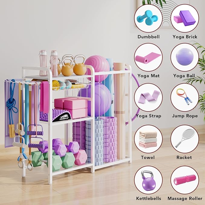 Home Gym Storage Rack - Exercise Equipment Storage Organizer for Yoga Mat Dumbbells Kettlebells Foam Roller & Resistance Bands, Ideal Yoga Mat Holder & Workout Equipment Organizer(White)