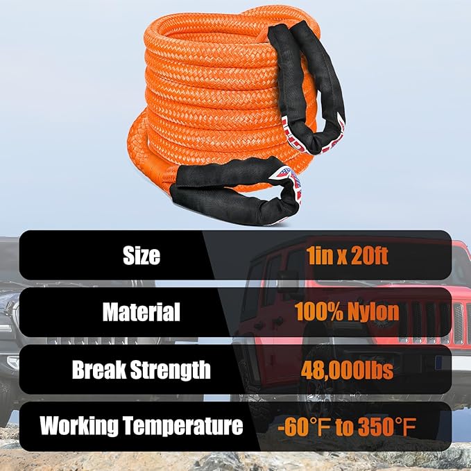 Nilight Kinetic Recovery Rope 48000 LBS 1in x 20ft Snatch Strap Heavy Duty Offroad Towing Starp Kit Vehicle Recovery kit for UTV ATV SUV Truck Car Jeep Tractor