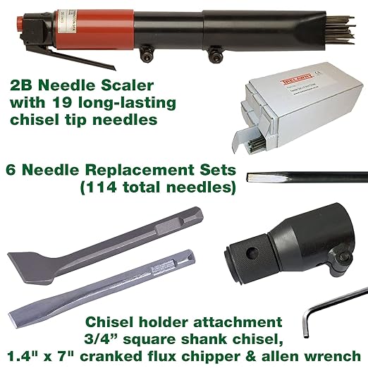 CS Unitec | 121.2099 CHISEL BASIC KIT | Pneumatic 19-Needle Scaler & Chisel for Cleaning, Stress-Relieving Weld Seams, Texturing Concrete, Removing Coatings, 3000 Blows per Minute – Made in England