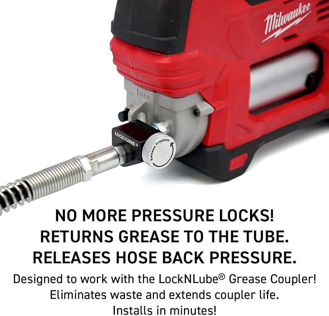 LockNLube Pressure Return Valve for Use with Cordless Grease Guns. No More Pressure Locks! Returns Grease to The Tube. Releases Hose backpressure.