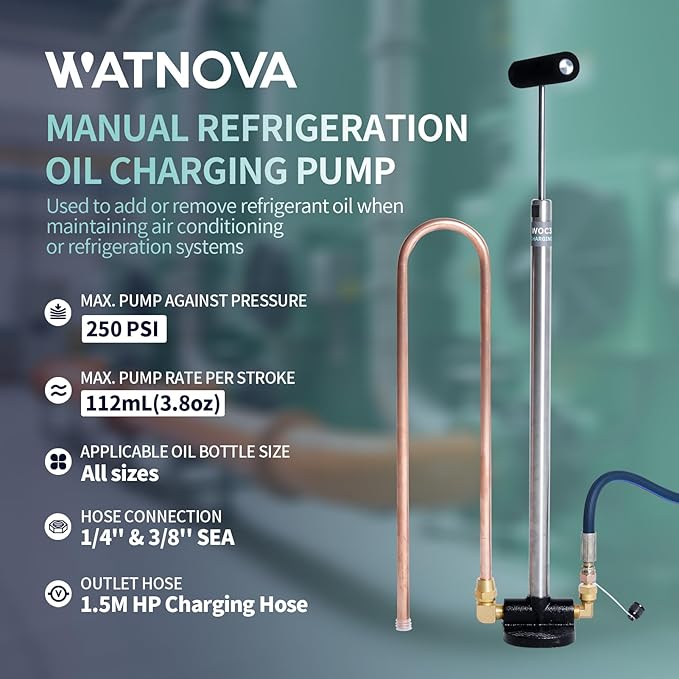 WATNOVA Professional Refrigeration Oil Charging Pump - 250PSI Non-Stop Operation, 3.8oz/Stroke, Dual-Brace Design w/ 1.5M Hose & Backflow Prevention (All Oil Types, 1/2.5/5 Gal Tanks)