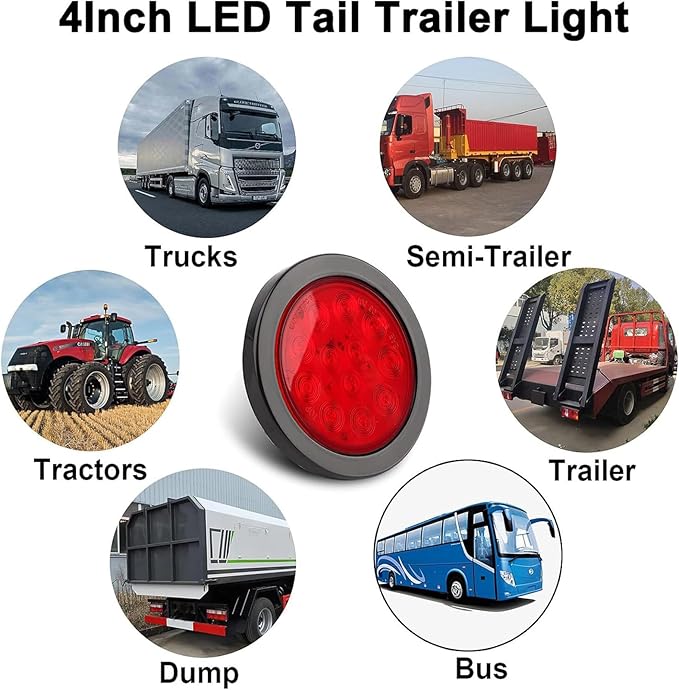 2Pcs 4.2 inchRed Round LED tail trailer light 12 LEDs IP67 Waterproof Stop Brake Turn Signal Reverse marker Tail Light Surface Mount, Light for boat trailer (4" Round Red)