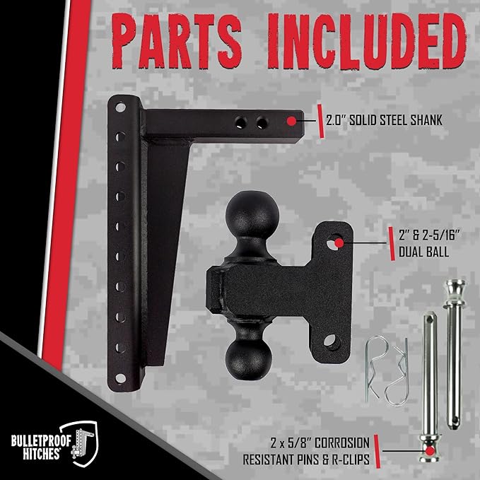 BulletProof Hitches - 2.0" Adjustable Heavy Duty Trailer Hitch (22,000 lb. Rating) - 14" Drop/Rise Trailer Hitch with 2" & 2-5/16" Dual Ball - Powder Coat, Solid Steel, Corrosion-Resistant