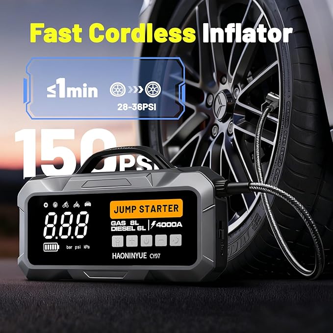 4000A Car Jump Starter with Air Compressor, 12000mAh&150PSI Portable Car Battery Jump Starter, 12V Jump Box Battery Pack (8L Gas 6L Diesel Engine) with Boost, LEDLight and Jumper Cables