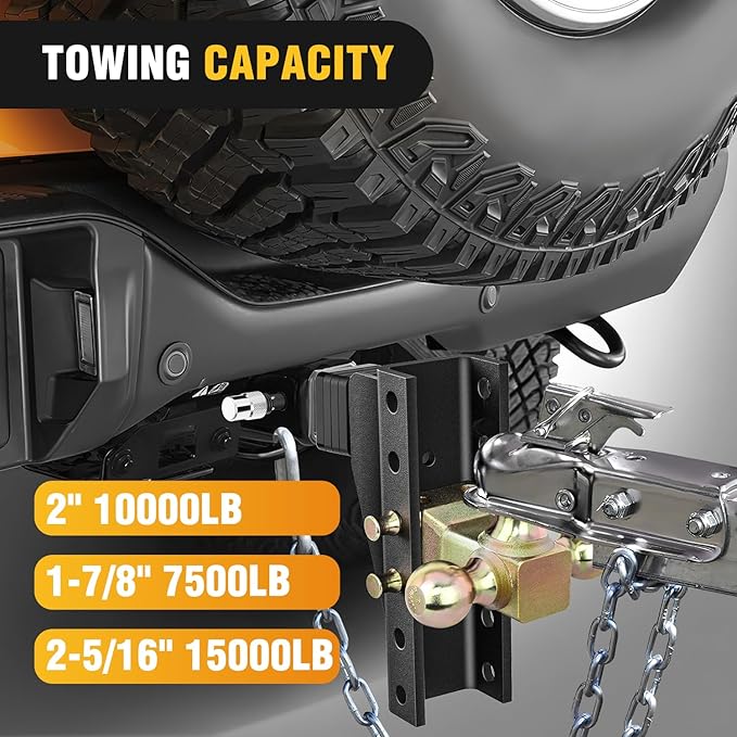 Nilight Adjustable Tri-Ball Trailer Hitch Mount 8 Inch Drop/Rise Hitch 1-7/8" 2" 2-5/16" Fits 2-Inch Receiver 15000lbs GTW for Heavy Duty Truck with Anti-Theft Pin