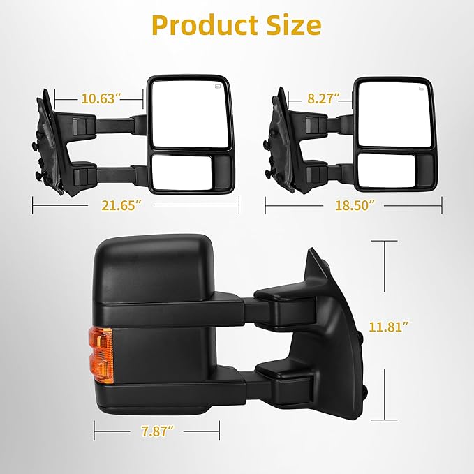 DWVO Towing Mirrors Fits 2008-2016 Ford F250/F350/F450/F550 Super Duty, Right Passenger Side Tow Mirror Power Heated, Telescoping, Folding, Turn Signal Lights