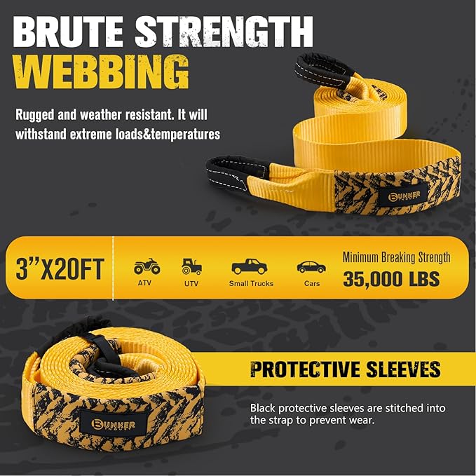 BUNKER INDUST Heavy Duty Tow Strap Recovery Kit, 3" x 20ft Recovery Straps + Pair 3/4 D Ring Shackles + Bag 35,000 lbs Tree Saver Winch Strap - Emergency Vehicle Off Road Towing Rope
