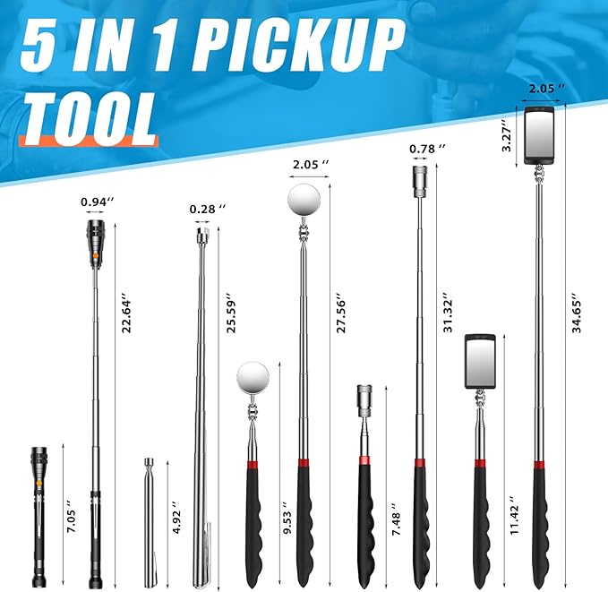 5 PCS Magnetic Pickup Tool Set, 1lb & 15lb Pick Up Rod, Magnetic Flashlight Pickup Tool, Round and Square 360 Swivel Adjustable Inspection Mirror, Fathers Day Dad Gifts, Birthday Gifts for Men, Him