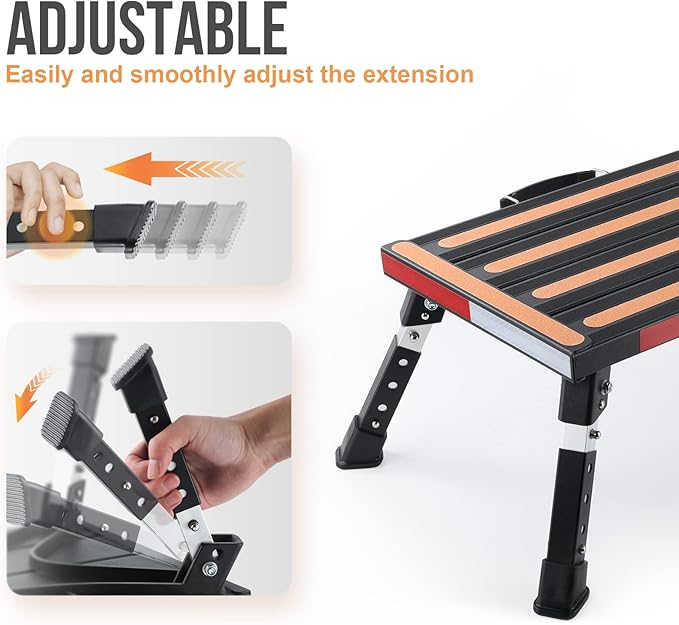 Safety RV Steps, Yagud Height Adjustable Folding Platform Step with 17" X 12" Anti-Slip Surface, Rubber Feet, Handle, Reflective Strips, and T Level, Aluminum RV Step Stool Supports Up to 1000lbs