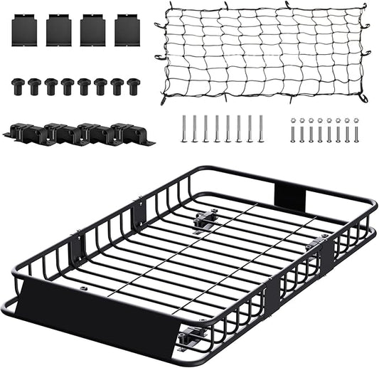 FORWODE 250LBS Universal Roof Rack Basket, 64"x39"x6" Rooftop Cargo Carrier Rack, Rust-Proof Roof Cargo Basket with Cargo Net