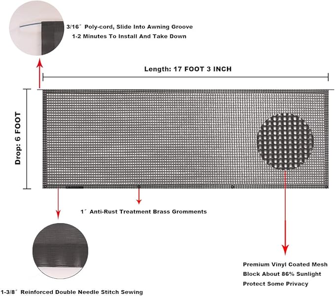 Tentproinc RV Awning Sun Shade Screen 6' X 17' 3'' (Fit for 18' Awning) Mesh Sunshade Complete Kits Motorhome Camping Trailer Awning screenshade Canopy Shelter Sunscreen - 3 Year Warranty (Brown)