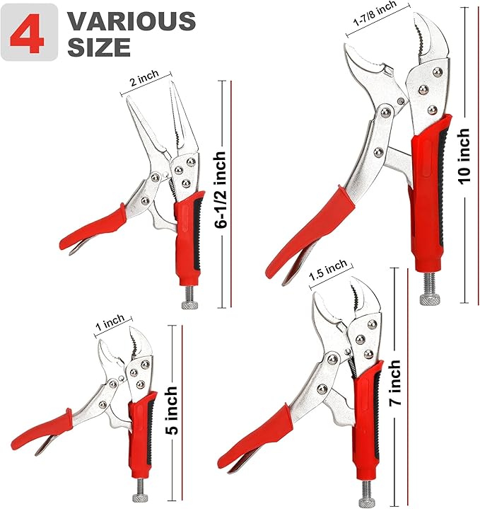 FASTPRO 4-Piece Locking Pliers Set with Heavy Duty Grip, 5", 7" and 10" Curved Jaw, 6-1/2" Long Nose Locking Pliers Included, Vise Grip Wrench Set
