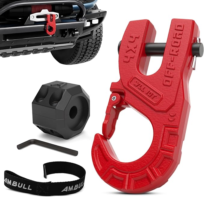 3/8" Tow Winch Hook with Cable Stopper, 10T Winch Hook, Upgrade Heavy Duty Forged Steel Winch Hook, 31967lbs Max Strength, Clevis Clip Hook Set for Synthetic Rope, Off-Road Vehicle, Red