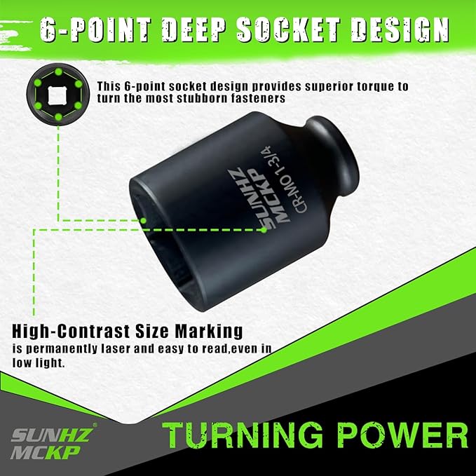 SUNHZMCKP 1/2 Inch Drive Impact Socket, SAE 1-3/4 In Deep Socket, CR-MO, 6 Point Axle Nut Socket for Easy Removal of Axle Shaft Nuts (1-3/4)