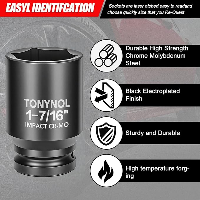 3/4" Inch Drive Deep Impact Socket,6-Point,SAE 1-7/16",80mmL,CR-MO,Heavy-Duty Automotive & Industrial Repair