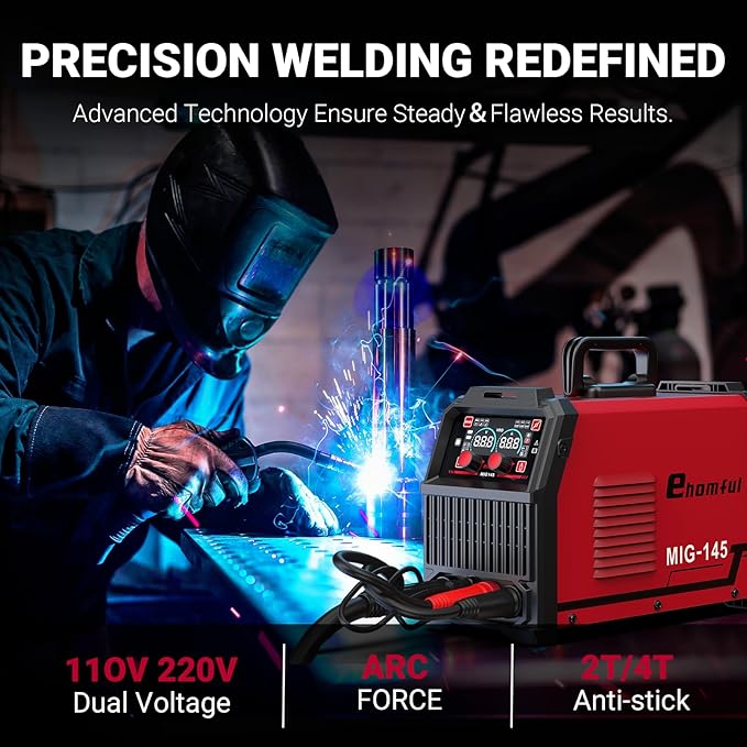 Ehomful 145A Mig Welder 110v/220v,Gas MIG/Gasless Flux Core MIG/Lift TIG/MMA/Stick Welder Machine, 4 in 1 Multi-Process Welding Machine with Synergy, IGBT Inverter,with Welders Helmet and Gloves