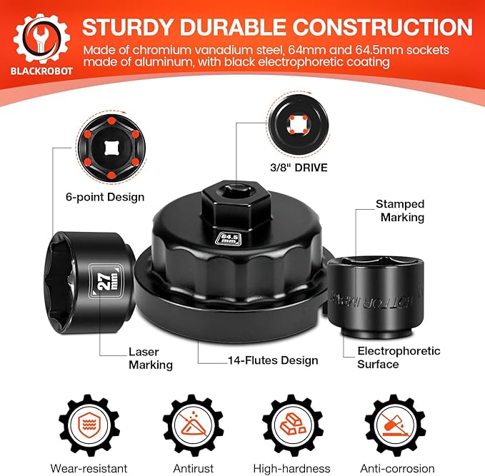 BLACKROBOT 10-Piece 3/8” Drive Oil Filter Socket Wrench Set, Metric Low Profile Oil Filter Sockets with 72-Tooth Ratchet, Oil Filter Cap Remover and Installer Tool Set