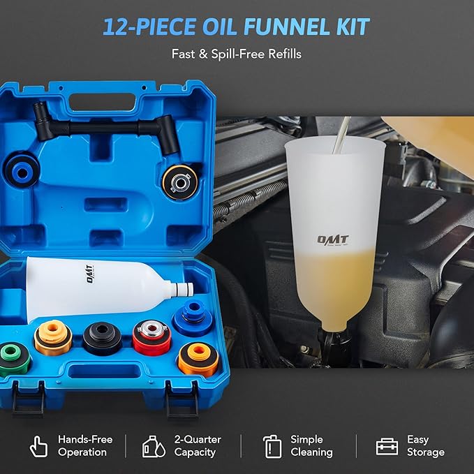 Orion Motor Tech 2 qt Engine Oil Funnel Set with Flexible Extension & 8 Adapters, Spill Free Large Funnel for Automotive Use- Compatible with Toyota Jeep Mazda Ford Dodge and More