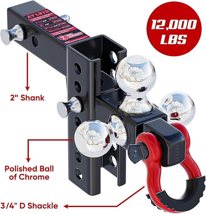 Ayleid Trailer Hitch Tri-Ball Mount with Hook&Pin&Rotatable Tow Shackle,Fits 2-in Receiver with 1-7/8-in,2-in,2-5/16-in Hitch Ball, Adjustable with Shackle