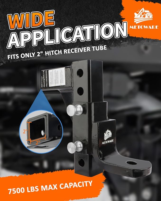 METOWARE Adjustable Trailer Hitch Ball Mount, 9-1/2" Drop and 8-1/4" Rise, Fits 2-Inch Receiver, with 1" Hitch Ball Hole, 6-Position Heavy Duty Tow Hitch with Pins