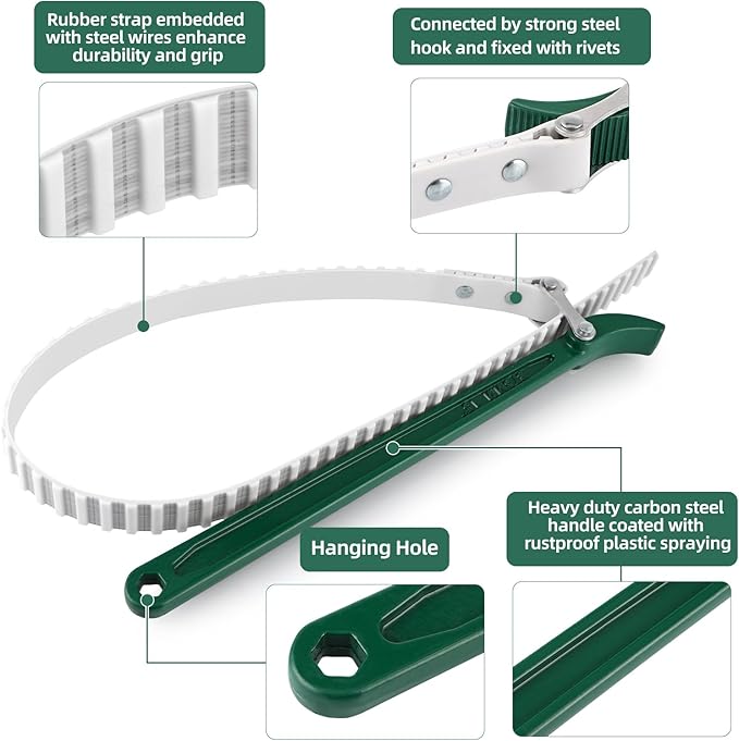 15" Belt Strap Wrench with Adjustable 36" Steel Wire Rubber Strap, Multipurpose Oil Filter Removal Tool