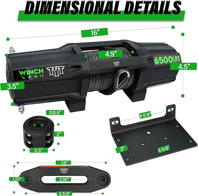 TYT 6500 lb UTV Winch Kit,12 Volt DC Electric Trailer Winch with Wireless Remote and Wired Switch,1/4" x 50FT Synthetic Rope Winch with Rubber Stopper and Mounting Plate