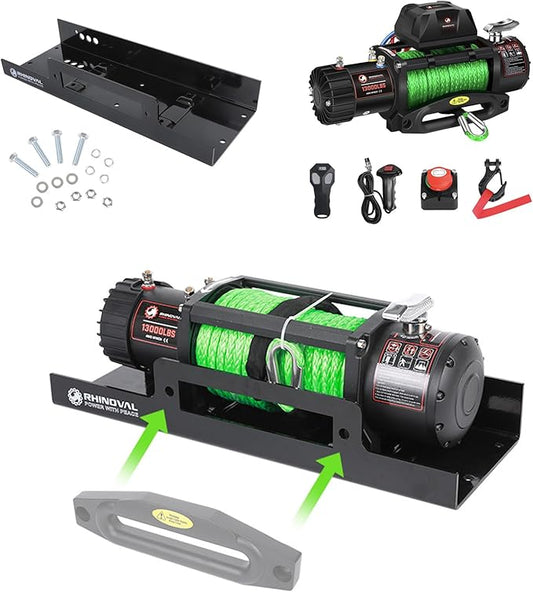 13000lb Winch and Mount Plate Bundle: Green Synthetic Rope, Wireless Remote, Raised Bolt Pattern Mounting Plate