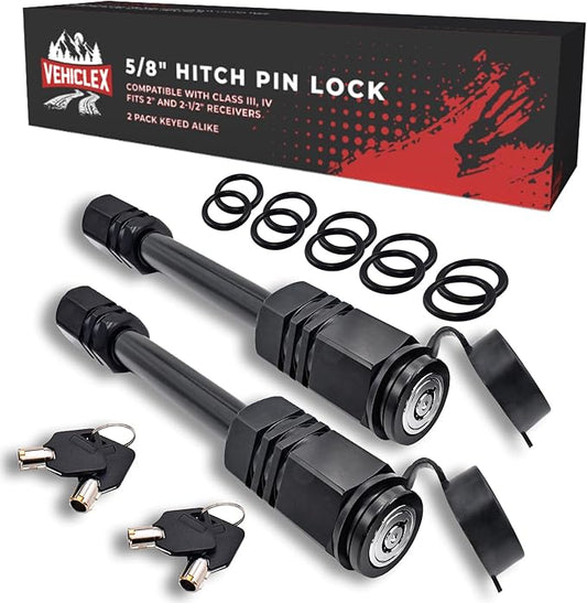 Vehiclex Hitch Pin Locks for 2" Trailer Receivers (2 Keyed Alike) - 5/8" Pins for Class III, IV - Defends Against Dust, Mud, and Thieves