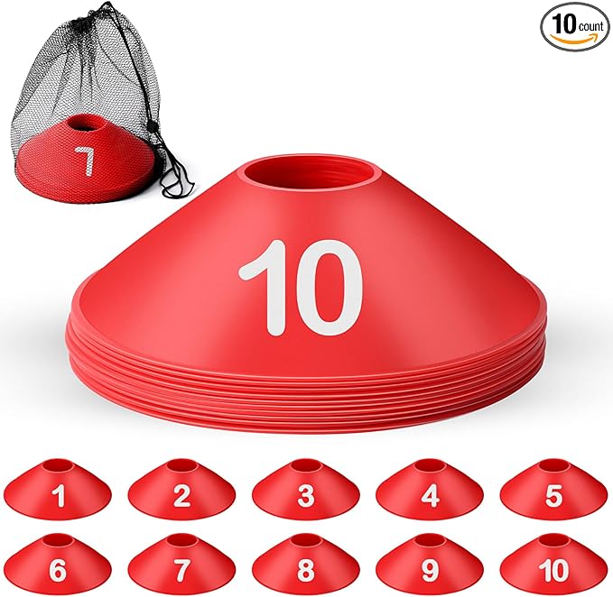 10 Pcs Numbered Sports Disc Cones 1-10 Soccer Cones with Mesh Carry Bag Flexible Agility Cones Soft Field Cones for Gym PE Classes School Activities Games, Sports Training Equipment