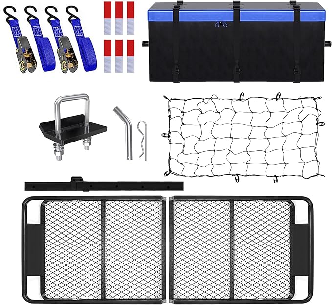 FORWODE 60x20x6 Hitch Carrier for 2 Inch Receiver, 500LB Capacity Hitch Mount Rack with Folding Cargo Basket, Rust-Resistant Coat, Includes Cargo Bag, Cargo Net, Hitch Stabilizer,Ratchet Straps