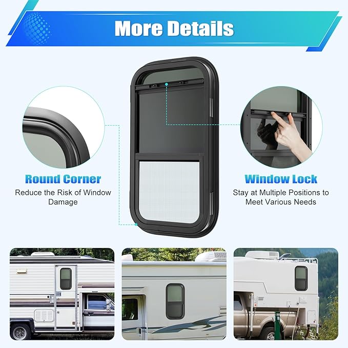 RV Window, 22" X 12" Universal RV Window Vertical Slide W/Trim Ring, Vertical Sliding Glass Window with Screen Window for Cargo, Horse Trailer, Marine Camper Window Replacement (12”x22”)