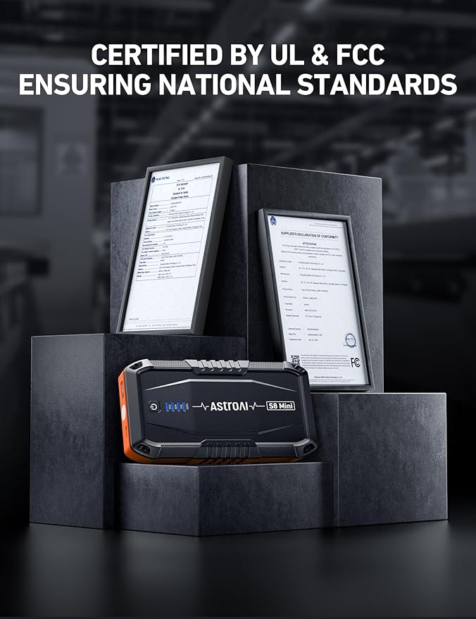 AstroAI S8 Mini Car Battery Jump Starter, 12V Portable Car Starter for Up to 6.0L Gas/3.0L Diesel Engine, Auto Battery Booster Pack, Lithium Jump Box with Jumper Cables & LED Light (Orange)