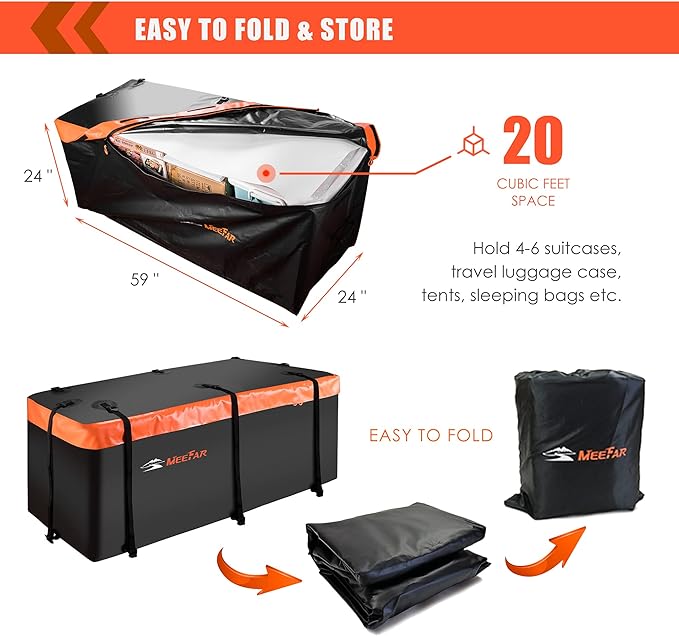 MeeFar Hitch Mount Cargo Carrier Bag Soft Shell 100% Waterproof 20 Cubic Feet (59" 24" 24") Include 8 Reinforced Straps for Truck Pickup All Vehicle with Steel Cargo Basket