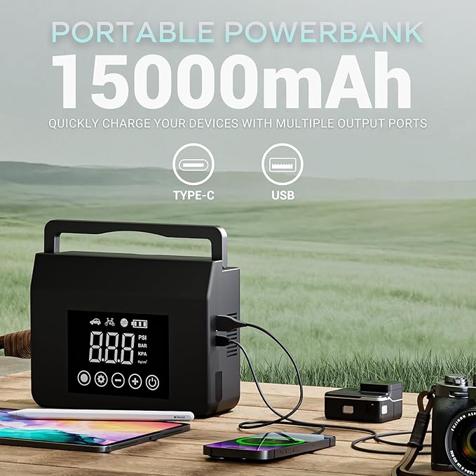 Hieha 4000A Portable Jump Starter with Air Compressor, 12V Car Battery Power (All Gas 8L Diesel) with 150PSI Tire Inflator 15000mAh PowerBank & Quick Charge, Flashlight, Emergency kit for Car, Truck