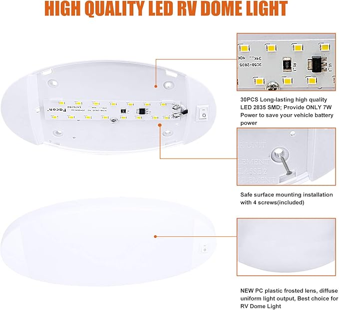 Facon 2Packs 12V LED RV Dome Light with Switch, Length: 9-1/4'', DDS01-608-CW, Large Oval Pancake Interior Lighting Fixture for RV Motorhomes Camper Caravan Trailer Boat