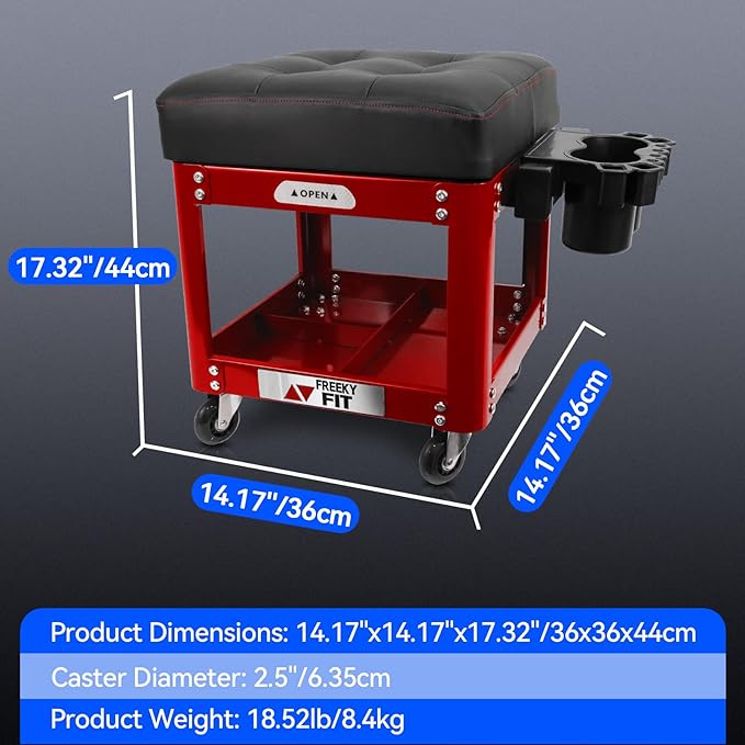 Rolling Creeper Garage Shop Seat for Men, Padded Mechanics Stool with Tool Tray Storage for Garage, Rolling Workshop Stool with Wheels, Auto Creeper Seat, 330 LBS Capacity, Heavy Duty, Red