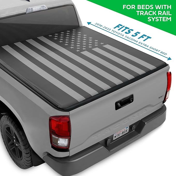 American Flag Tonneau Cover for Toyota Tacoma 2016-2023 Soft Roll Truck Bed Cover for TACOMAS with Short Bed 5’ with Deck Rail System All Weather Roll-Up for Toyota Tacoma Tonneau Cover