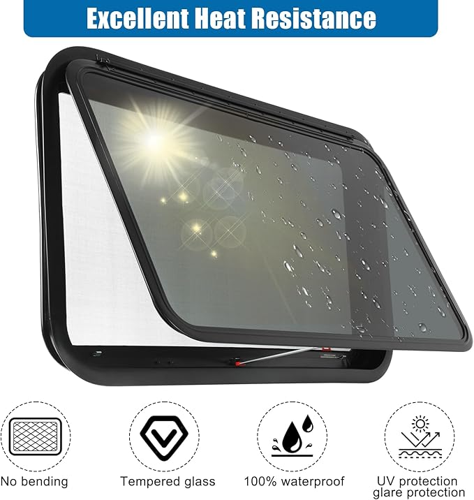 RV Exit Window, 36" W x 22" H Tinted RV Window with Net Screen and Trim Ring, Suitable for 1-1/2" or 2" Walls, DOT Approved