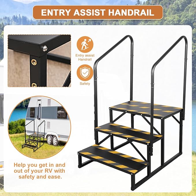 3 Step RV Stairs, Hot Tub Steps, Outdoor Spa Step Ladder with Double Handrail,Portable Economy 5th Wheel Stair for Travel Trailer, Motor Home, Camper and Porch with Non-Skid Tapes