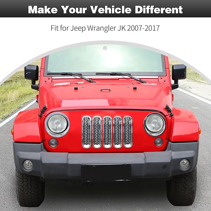 CheroCar for JK Mesh Grille Grill Insert & Headlight Cover Trim Exterior Accessories for Jeep Wrangler JK 2007-2017,Chrome…