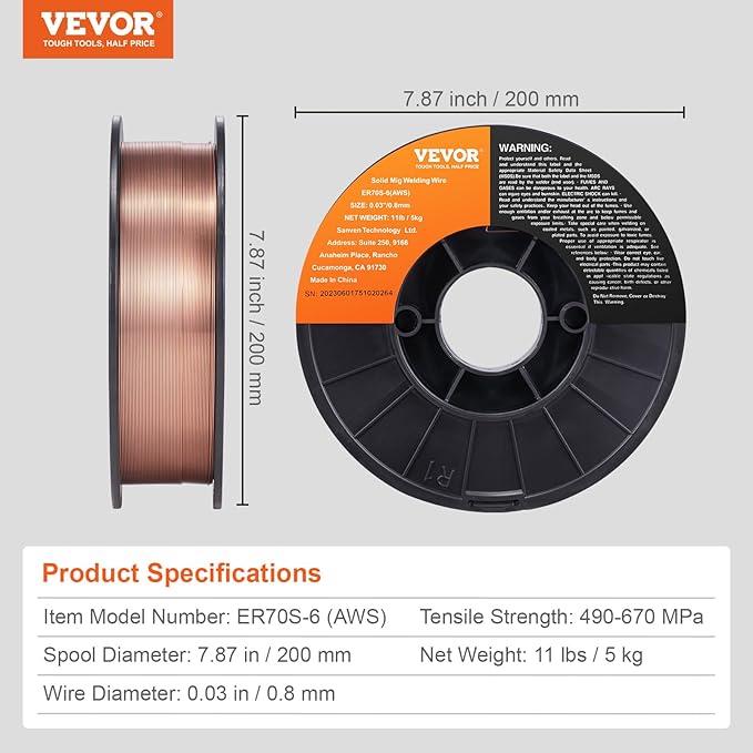 VEVOR Solid MIG Welding Wire, ER70S-6 0.030-inch 11LBS with Low Splatter and High Levels of Deoxidizers for All Position Gas Welding