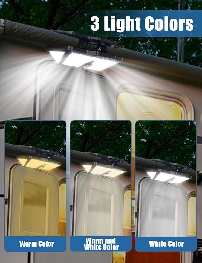 Chelhead Solar RV Exterior Light, 208 Led Amber White RV Porch Lights with Motion Activated, Remote Control, Clip On Camper Lights for Outdoor Compatible with for RV Camper Trailers Truck