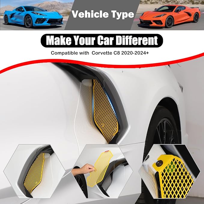 for Corvette C8 Side Intake Mesh Grilles Insert Set,Stainless Driver and Right Passenger Side Radiator Air Intake Vent Guards for Corvette C8 Stingray Z51 2020-2025 Accessories (Yellow)