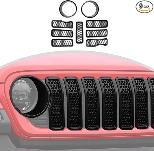 CheroCar for JL Mesh Front Grille Insert & Headlight Turn Light Cover Trim Exterior Accessories for Jeep Wrangler JL 2024+