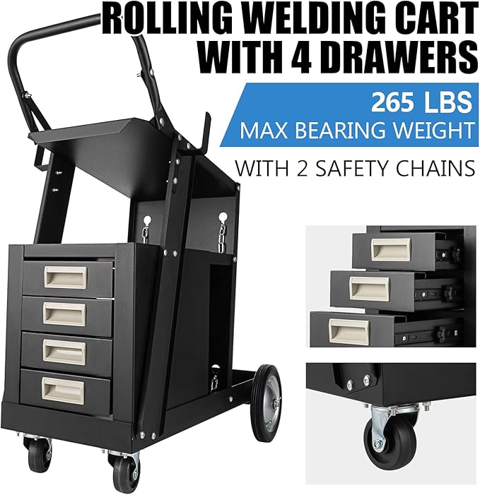 Welding Cart with Drawers, Mig Welder Cart 265 Lbs Capacity, Weld Cart for TIG MIG Welder and Plasma Cutter with 4 Drawers and 2 Safety Chains